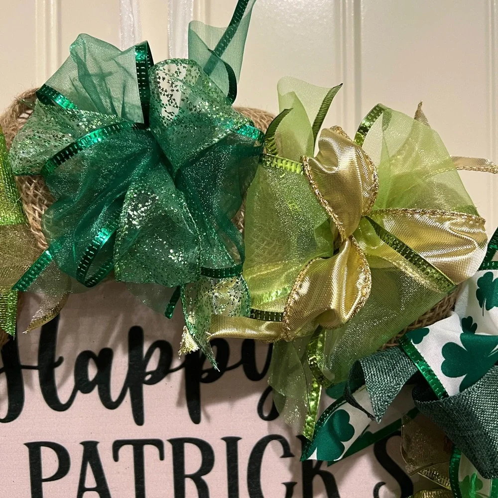 17” Happy St. Patrick’s Day Ribbon Wreath shamrocks in Green, White Handmade W4